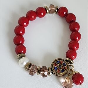 Red Beaded Bracelet with Gold Accents